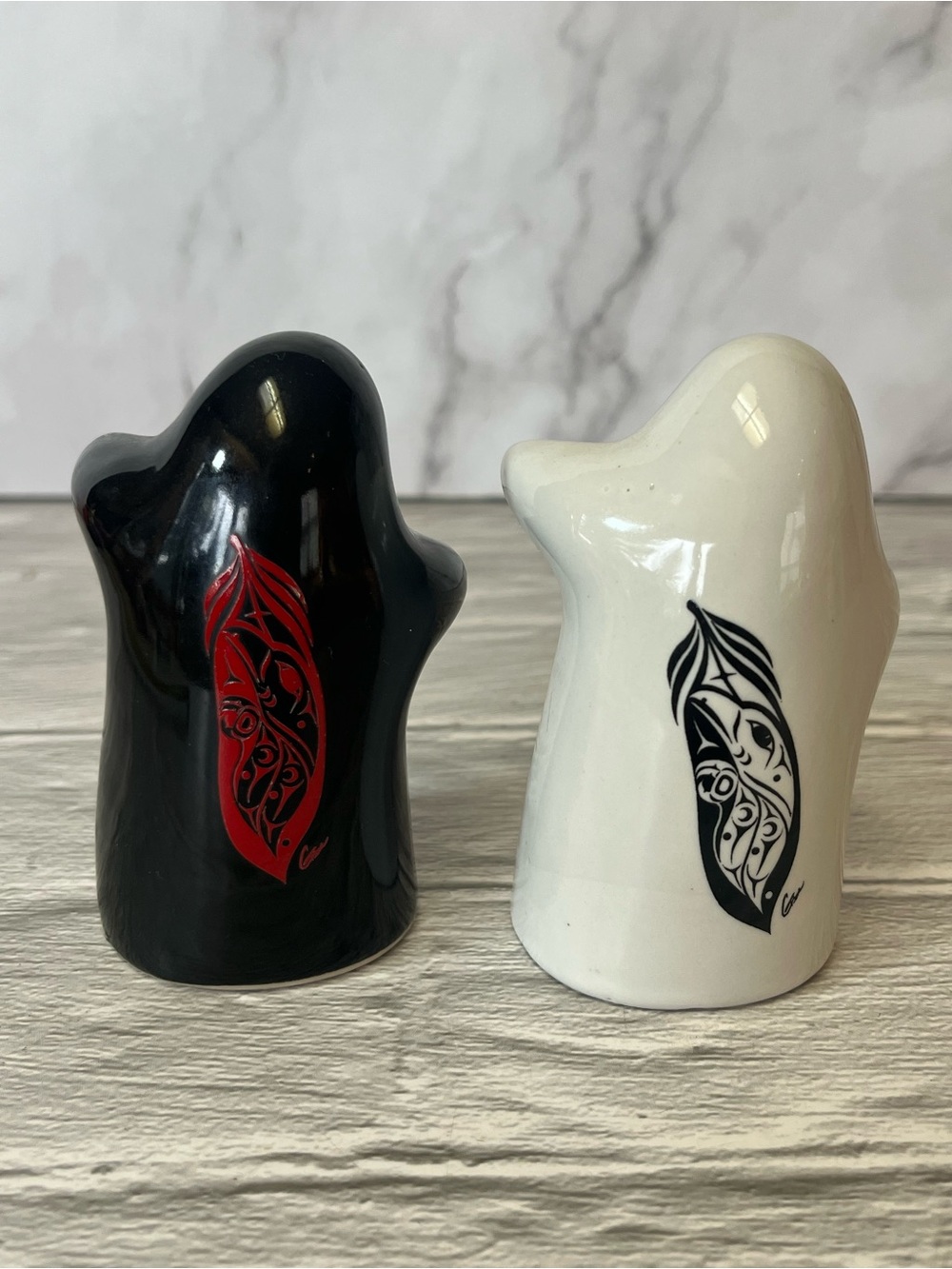 Ghost Hugging Salt & Pepper Shakers Northwest Coast Indigenous Feather Artwork